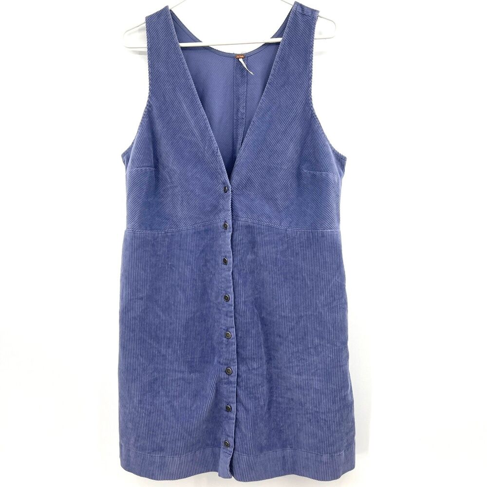 Free People Corduroy Pinafore Dress XL Blue Button Front V-Neck Sleeveless